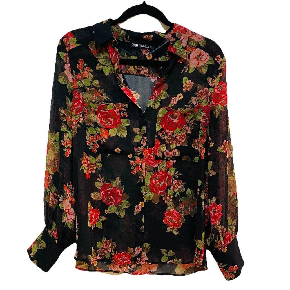 ZARA Black Floral Sheer Long Sleeve V-neck Shirt Sz M